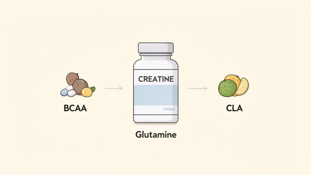 An infographic illustrating a sequence of workout supplements including BCAA, Creatine, Glutamine, and CLA.