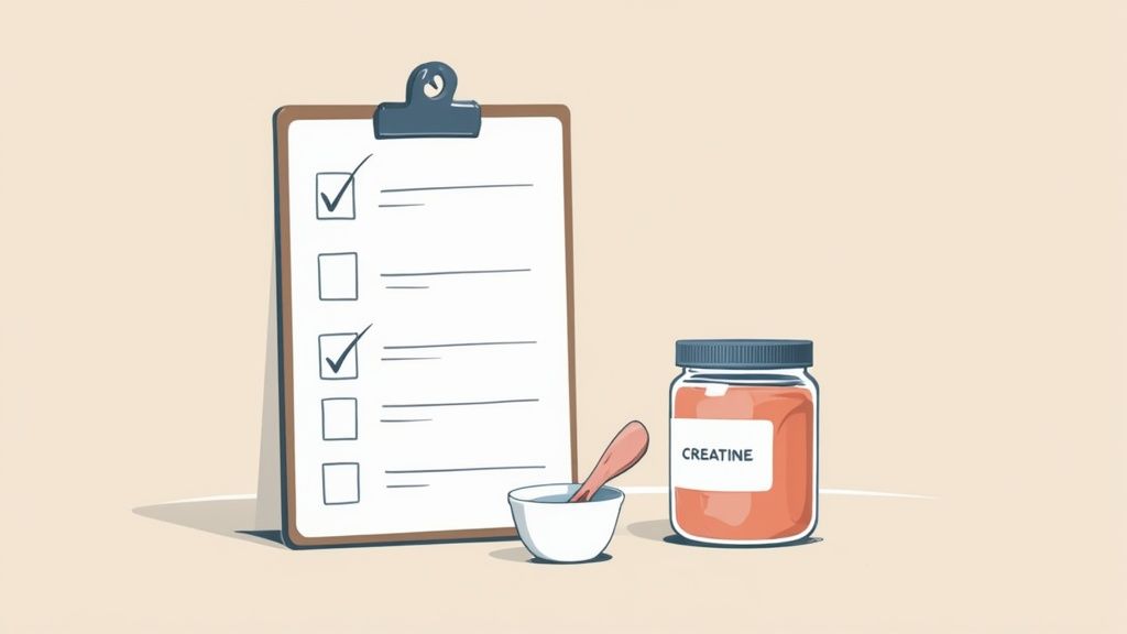 Clipboard with checklist next to creatine supplement jar and measuring spoon for fitness planning
