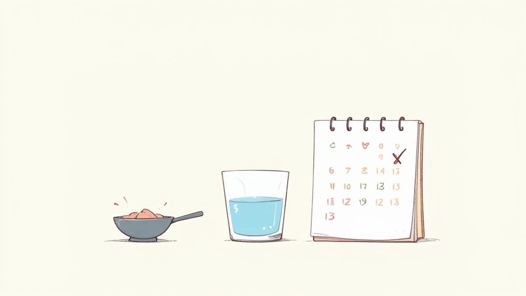 A person scoops white creatine powder into a black shaker bottle.