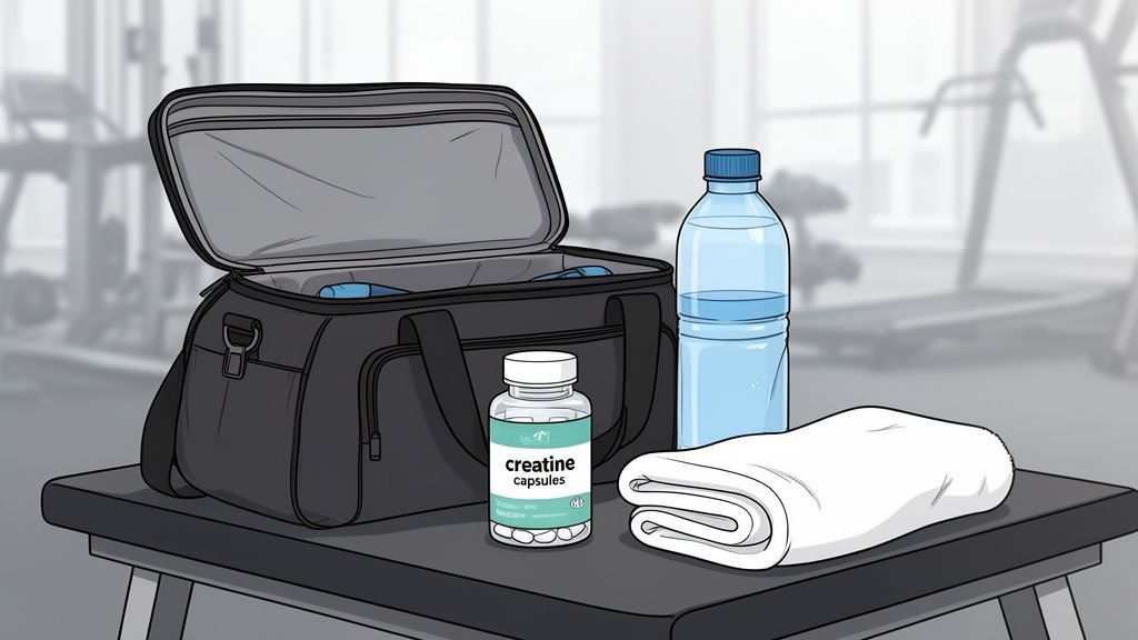 Essentials for a gym workout: a black gym bag, creatine capsules, water bottle, and towel on a bench.