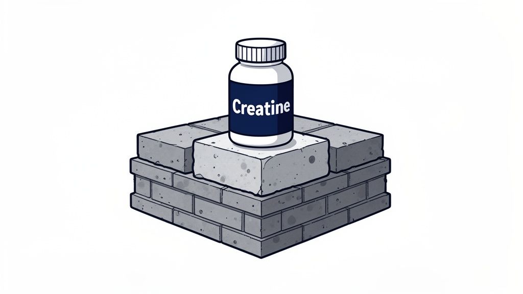 A white creatine supplement bottle rests firmly on a solid foundation of grey bricks, symbolizing muscle building.