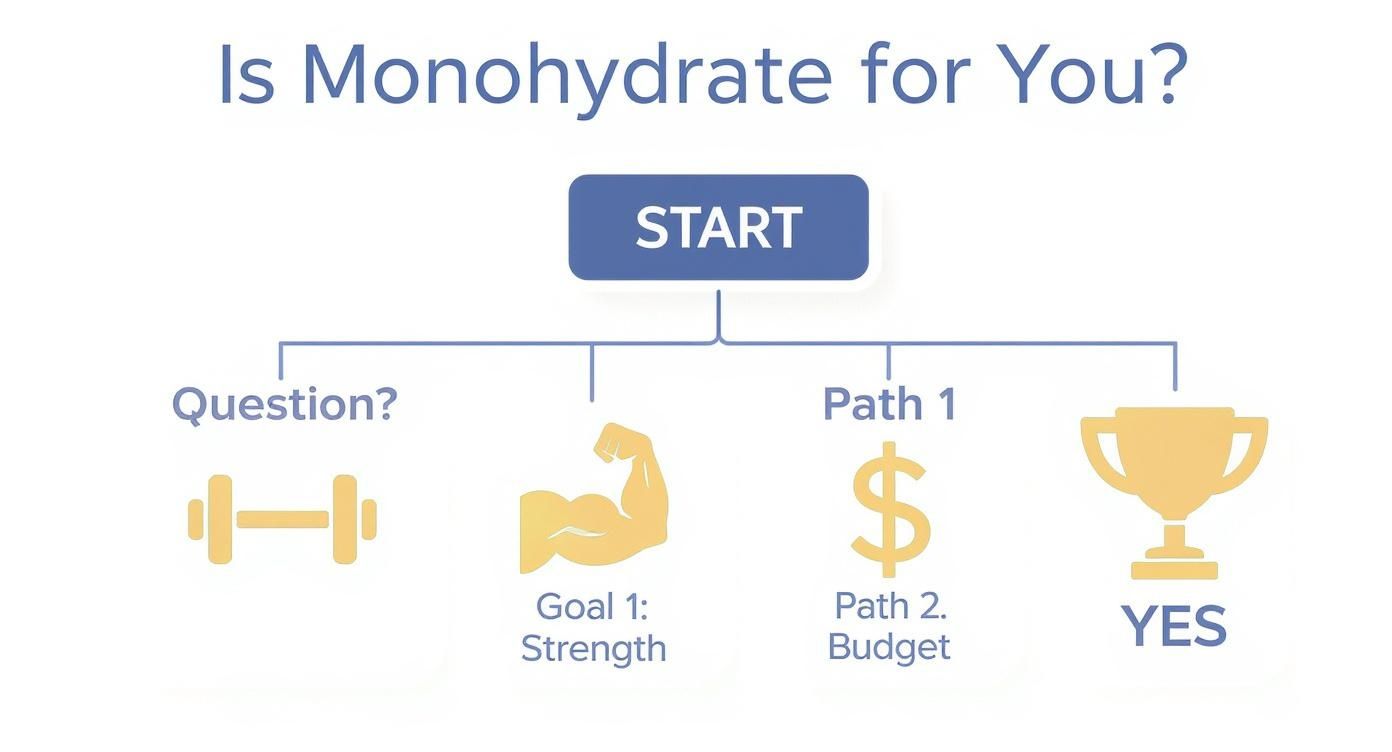 An infographic decision tree asking if creatine monohydrate is right for you, based on goals like strength and budget.