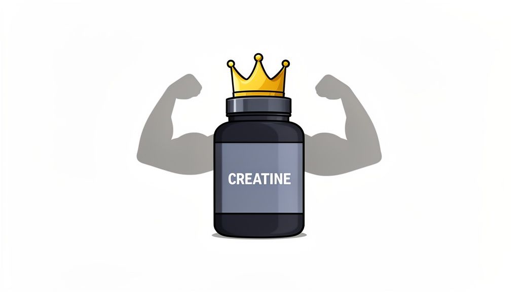 A black creatine supplement bottle with a gold crown, flanked by flexing arm shadows, symbolizing strength and top quality.