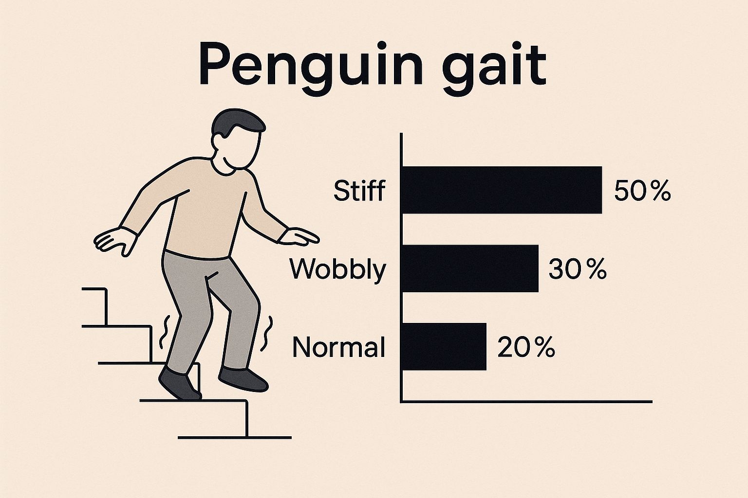 Infographic of a person walking stiffly down stairs like a penguin