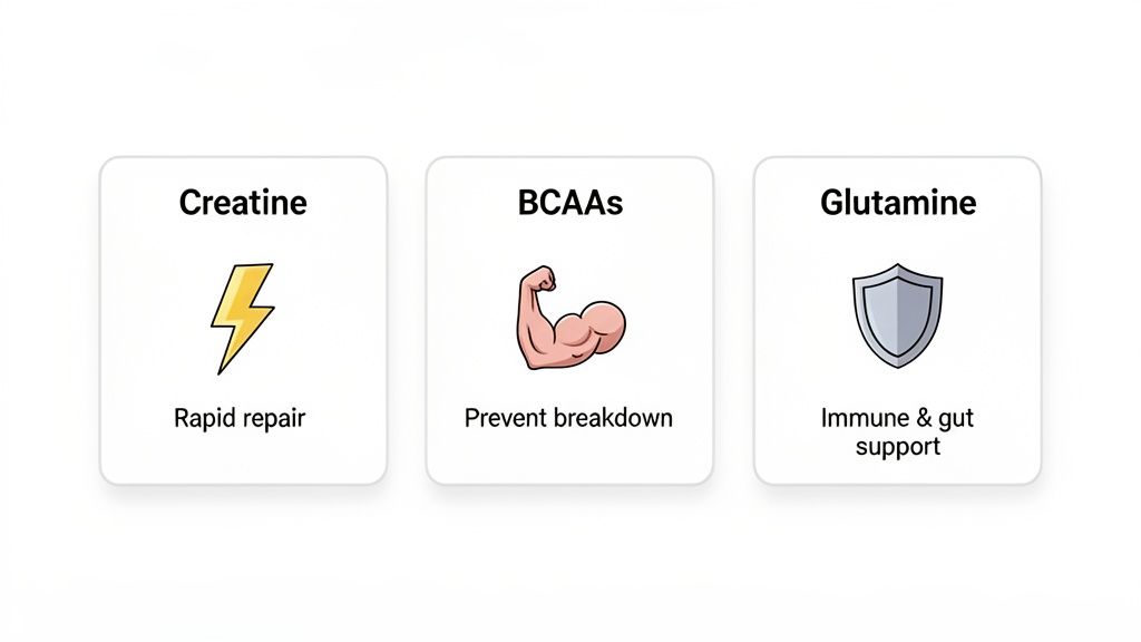 Three white cards detail supplements: Creatine for rapid repair, BCAAs to prevent breakdown, and Glutamine for immune and gut support.