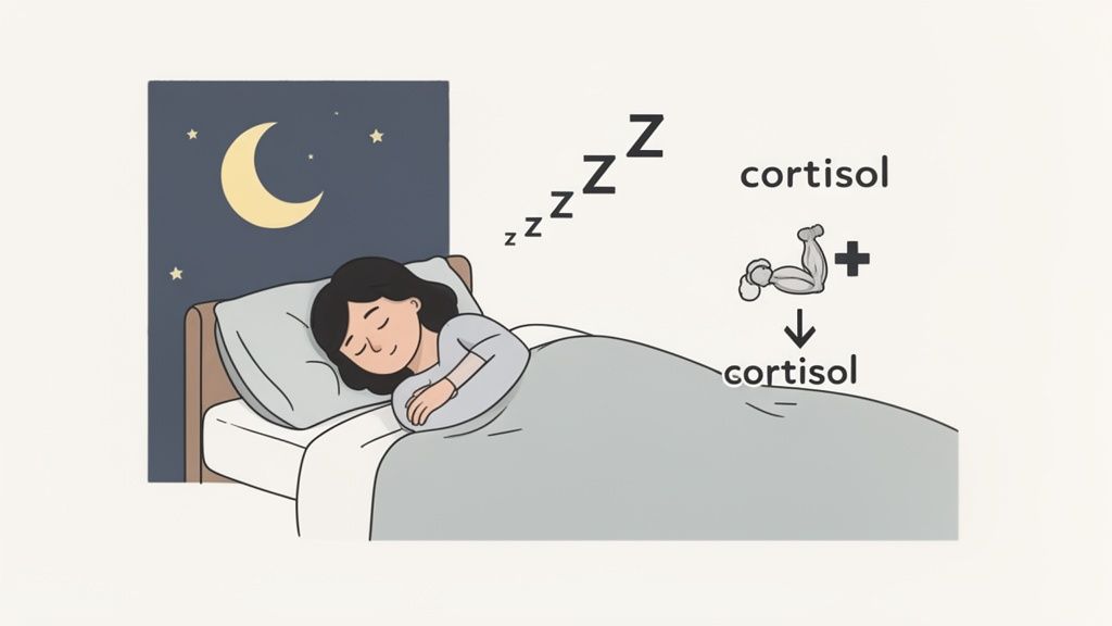 An illustration of a person sleeping peacefully in bed at night, with 'Z's representing sleep. Cortisol levels are shown decreasing.