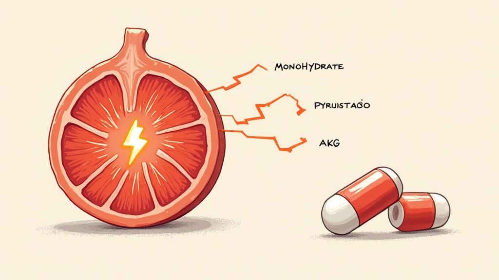 Illustrated diagram showing garlic supplement compounds monohydrate, pyruvate, and AKG with capsules for muscle recovery
