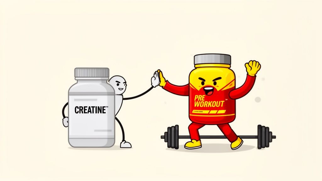 Cartoon creatine and pre-workout supplement bottles high-fiving, symbolizing their combined use for fitness.