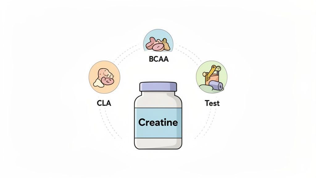 Creatine supplement bottle with BCAA, CLA, and Test icons, showing their relationship.
