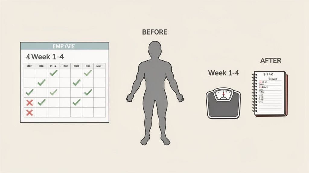 Visual representation of a 4-week fitness program with tracking calendar, human figure, weight scale, and progress notes.