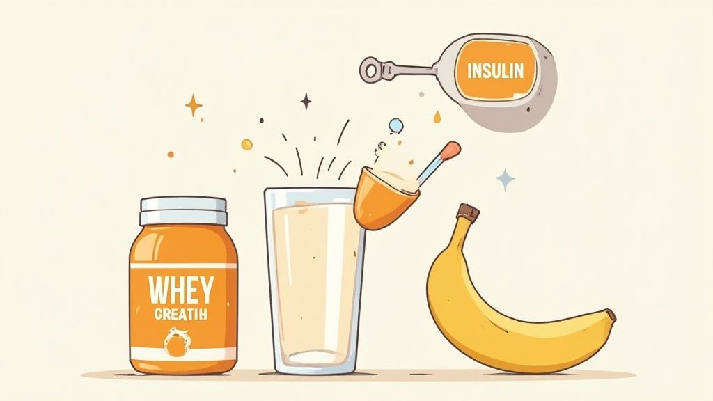 Fitness essentials including whey creatine, a protein shake, banana, and an insulin device.