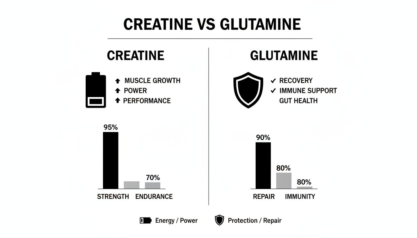 Infographic comparing creatine benefits for muscle growth, power, and performance with glutamine for recovery, immune, and gut health.