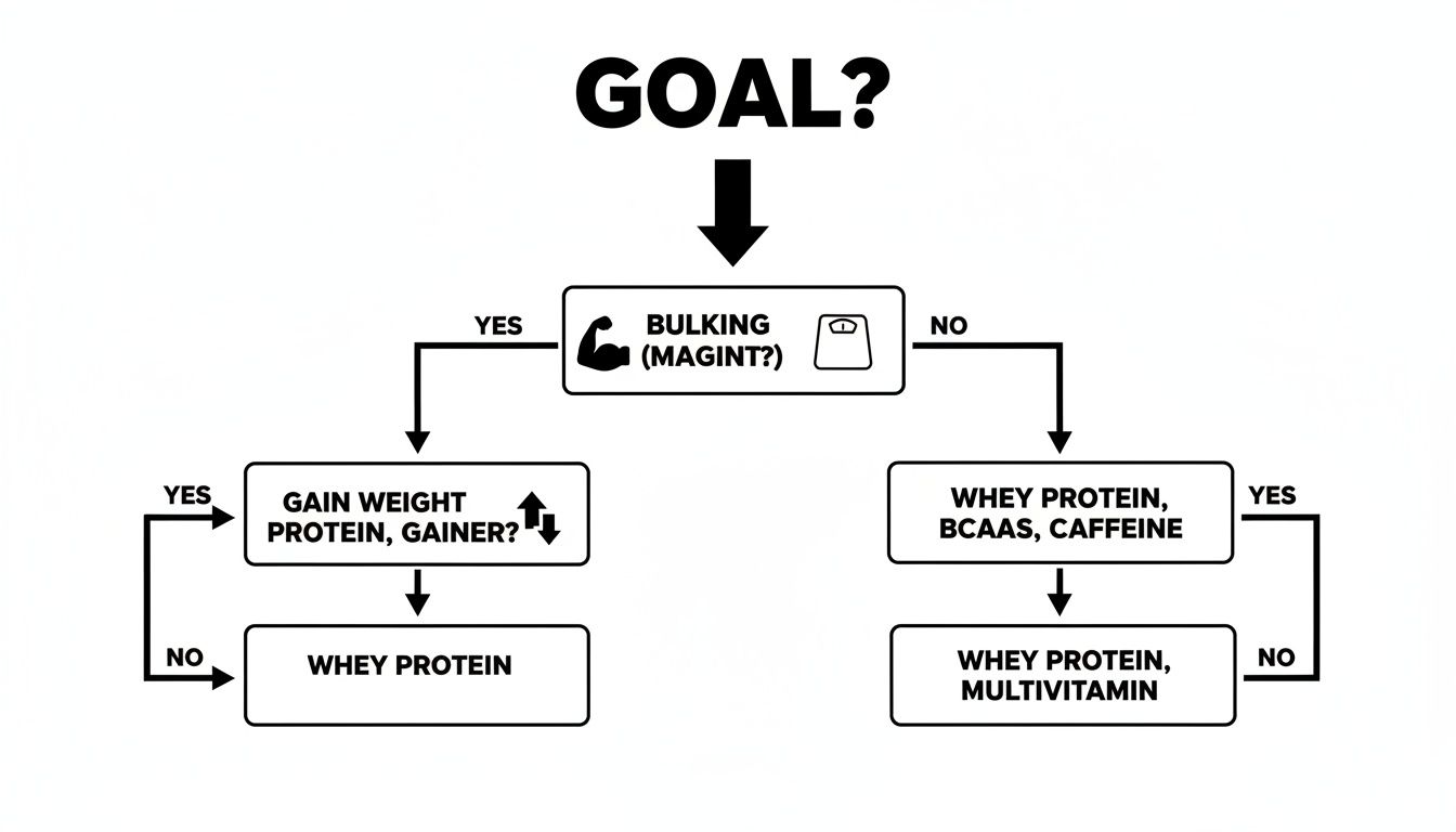 Flowchart guiding supplement choices based on fitness goals like bulking, weight gain, and general fitness.