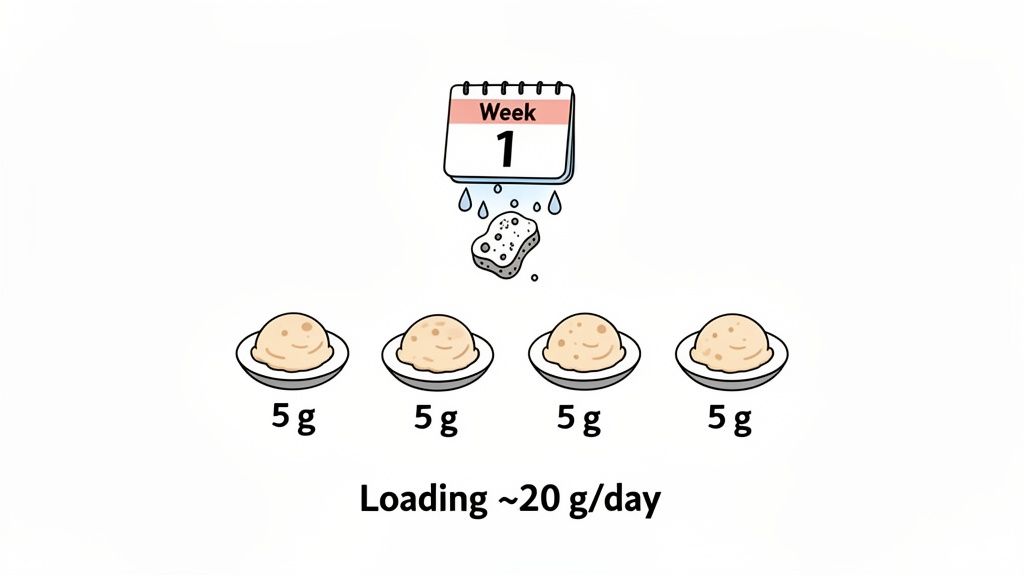 An illustration showing a creatine loading phase: Week 1, ~20g/day, split into four 5g servings.