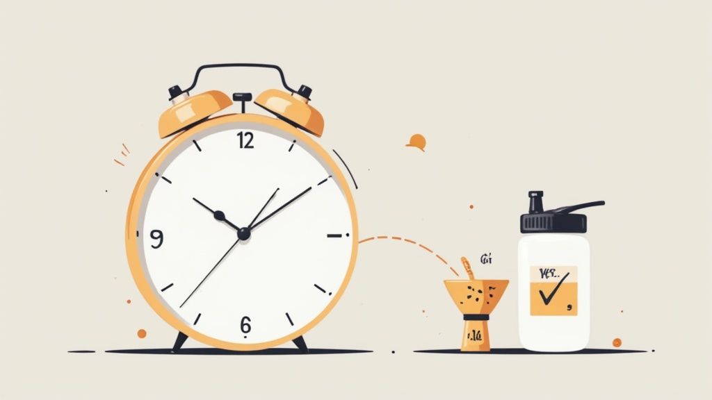Illustration of an alarm clock, funnel, and shaker bottle, symbolizing a daily supplement routine.