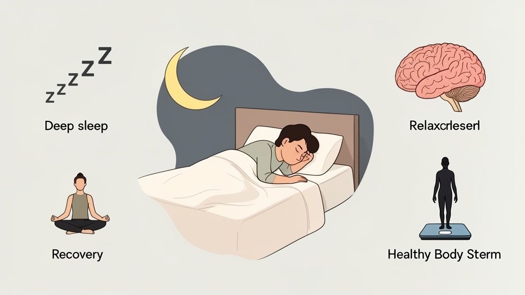 Illustration showing deep sleep, a brain for relaxation, meditation for recovery, and a person on a scale for a healthy body.