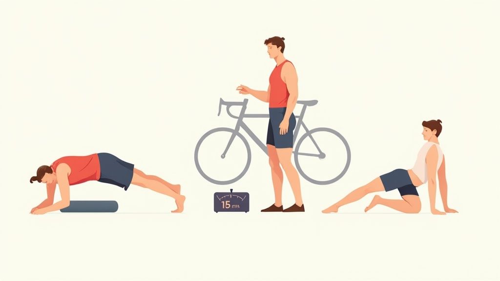 Illustration of three men engaged in fitness, including planking, cycling, and stretching for recovery.