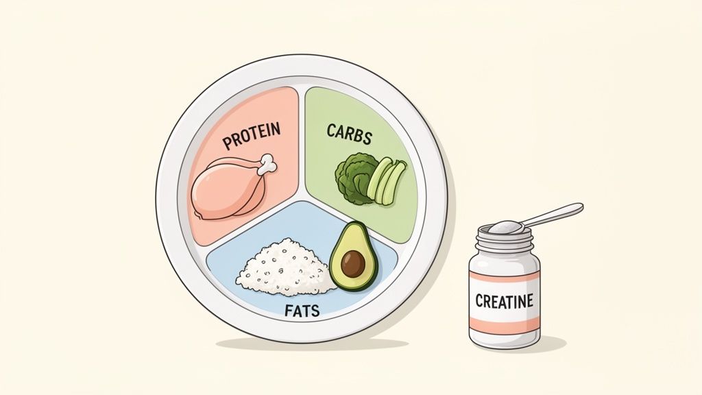 A balanced meal plate with protein, carbs, and fats, alongside a creatine supplement jar.