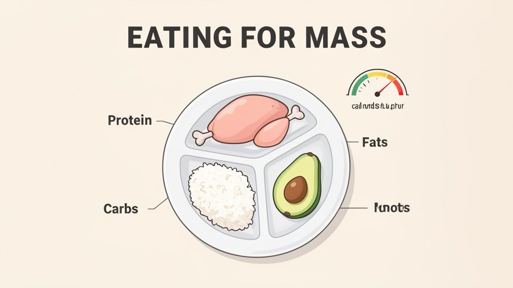 Illustration of a plate with protein (chicken), carbs (rice), and fats (avocado) for muscle gain.