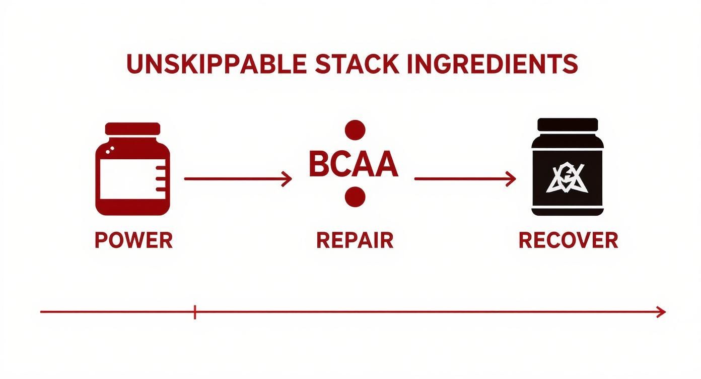 Infographic showing three stages of muscle building stack: power supplement, BCAA for repair, and recovery product