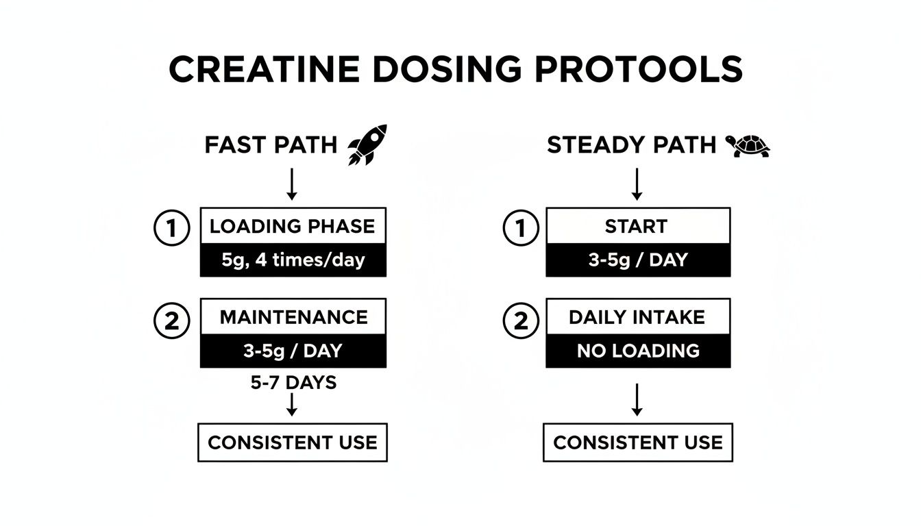 Flowchart illustrating two creatine dosing protocols: fast path with loading and steady path without loading.
