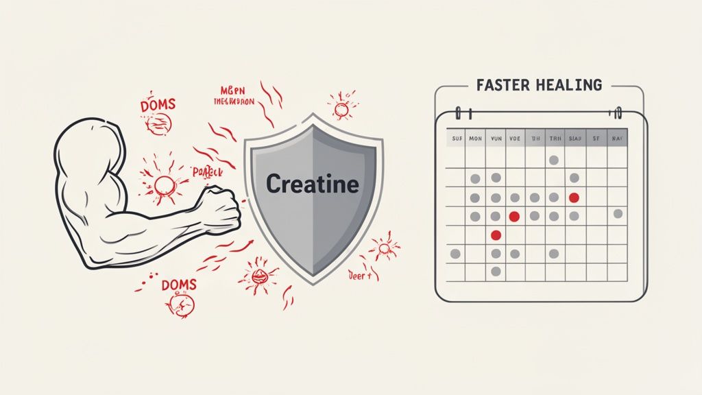 An illustration showing creatine shielding a muscle from fatigue, promoting faster healing on a calendar.