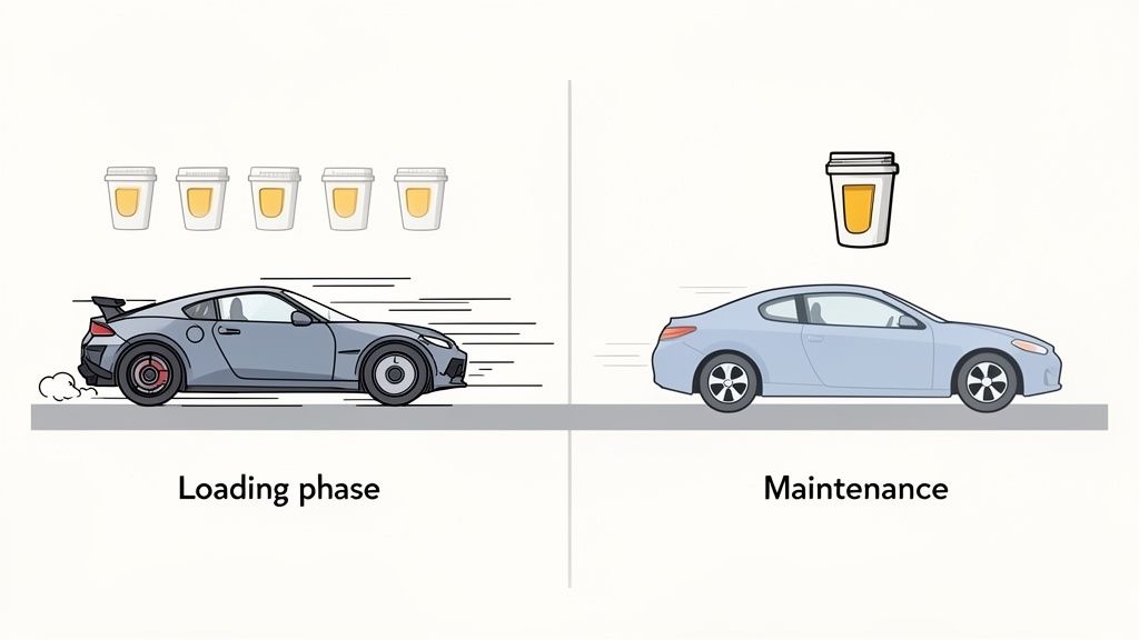 Illustration comparing 'loading phase' (fast car, five coffees) to 'maintenance' (steady car, one coffee).