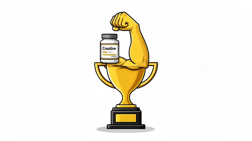 A cartoon illustration of a golden trophy with a flexing bicep holding a creatine supplement bottle.