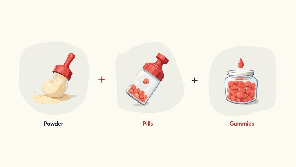 A person choosing between creatine powder, pills, and gummies
