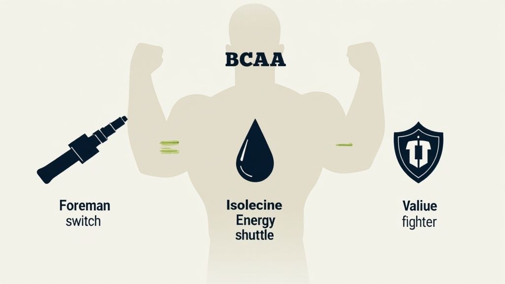 A close-up of three amino acid molecular structures representing Leucine, Isoleucine, and Valine.
