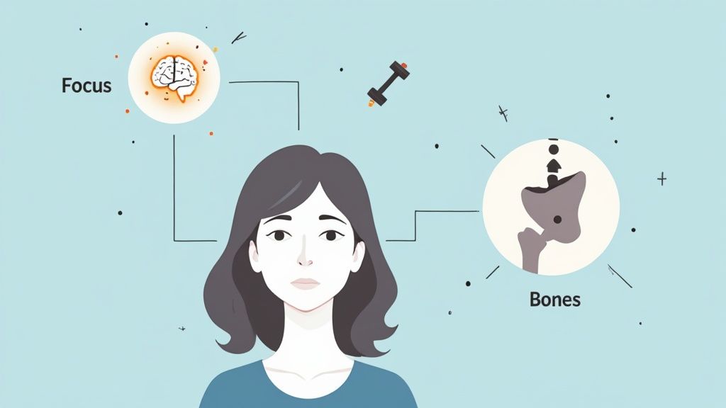 Illustration of a woman connecting to brain for 'Focus' and skeletal structure for 'Bones', with a dumbbell.