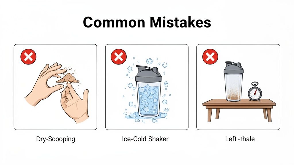 An infographic illustrating common mistakes: dry-scooping powder, using an ice-cold shaker, and leaving a shaker bottle to sit.