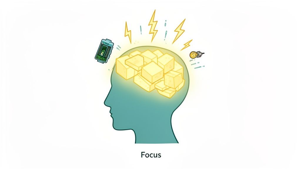 An illustration of a head with a glowing brain full of yellow cubes, symbolizing focus and mental energy.