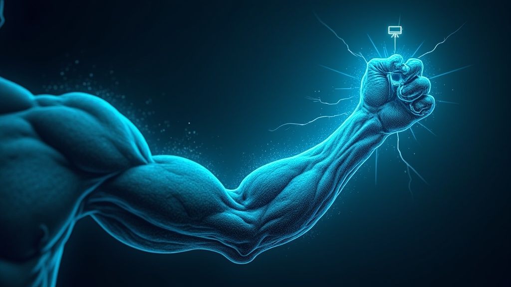 A person scoops creatine powder into a shaker bottle in a modern gym setting.