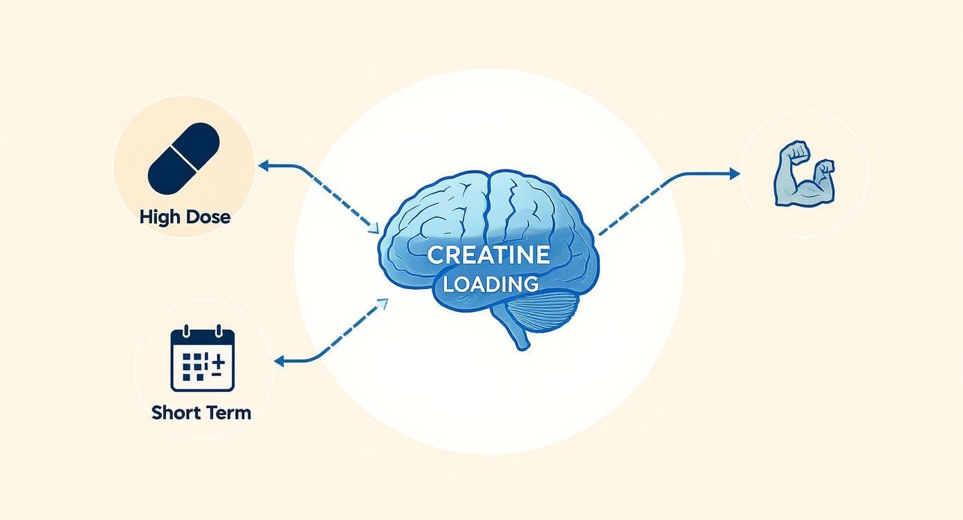 Diagram showing creatine loading involves high dose, short term intake, impacting the brain and muscle growth.