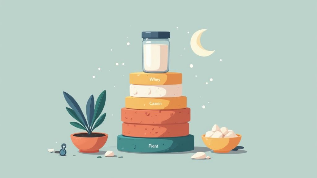 Illustrated pyramid showing protein supplement types including whey, casein, and plant-based powders for muscle recovery