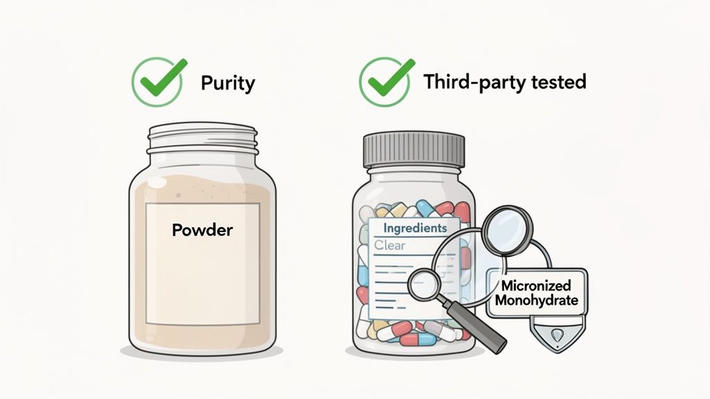 Illustration showing supplement quality, pure powder, and third-party tested capsules with micronized monohydrate.