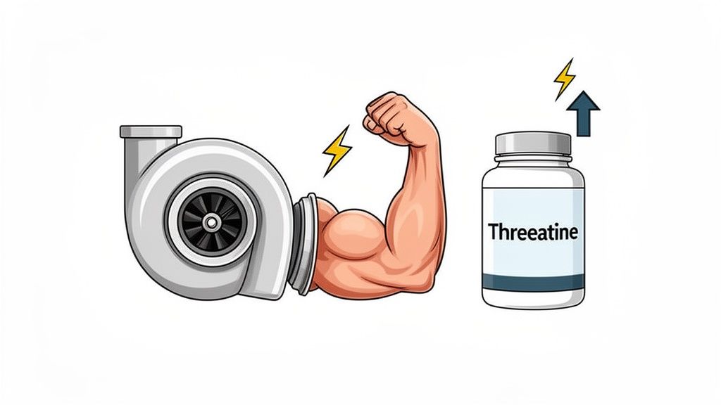 Illustration of a turbocharger on a muscular arm, next to a 'Threeatine' supplement bottle for strength boost.