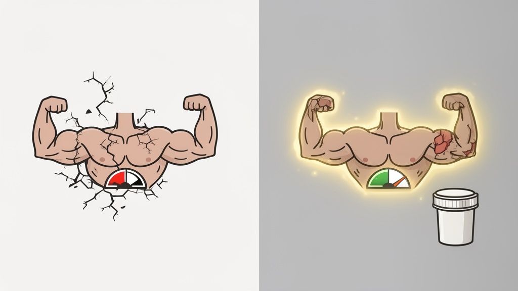 Muscular torso before and after taking supplements for muscle recovery and energy.