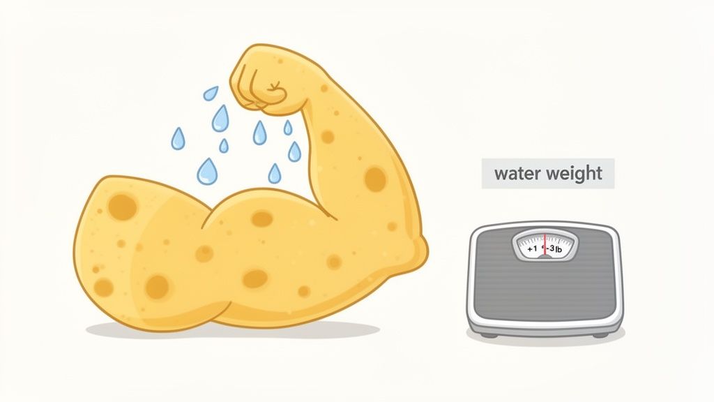 Cartoon image showing a sweating sponge-like bicep next to a scale indicating 'water weight' and '±3lb'.