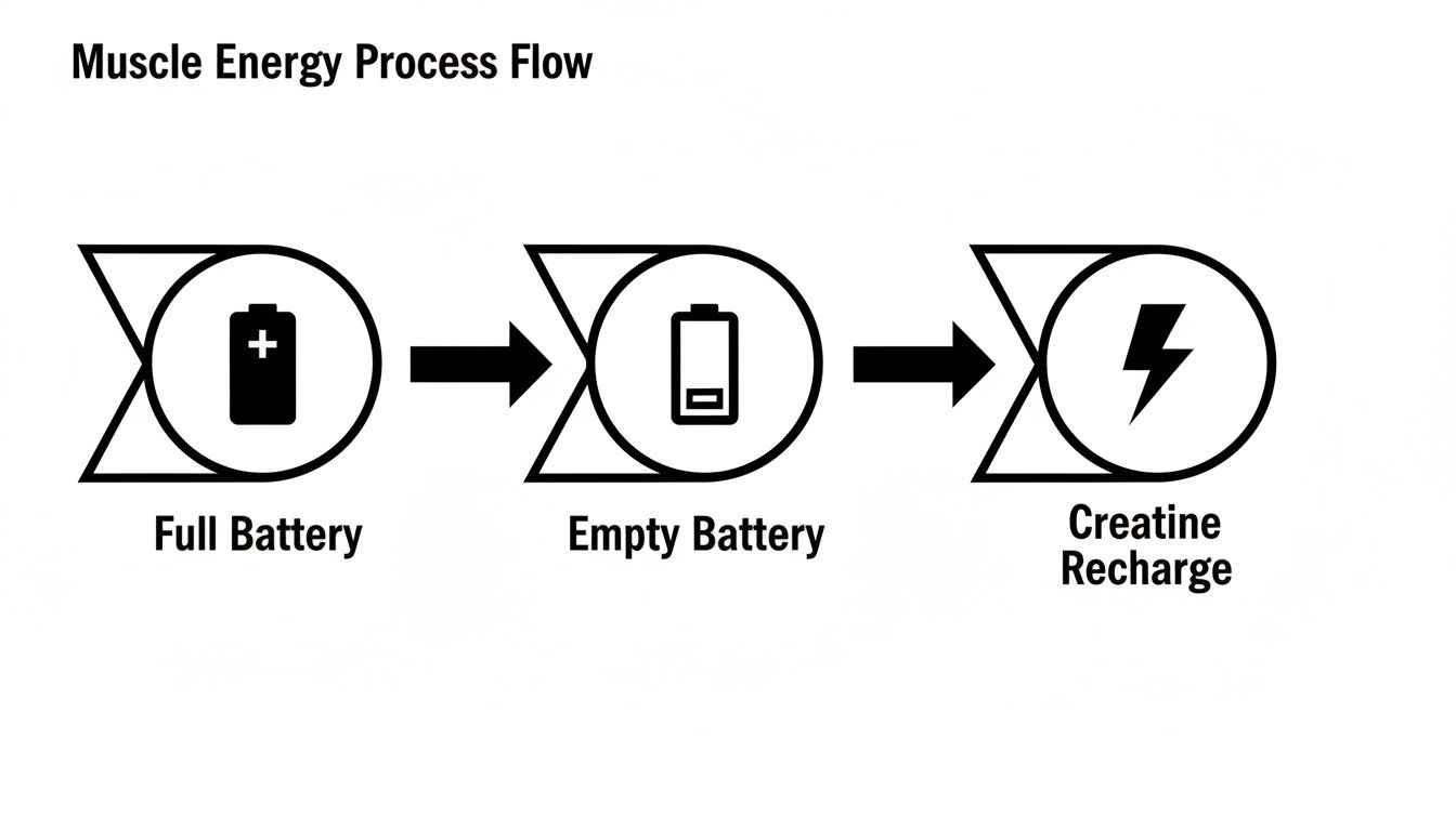 Flowchart illustrating muscle energy depletion from full to empty battery, followed by creatine recharge.