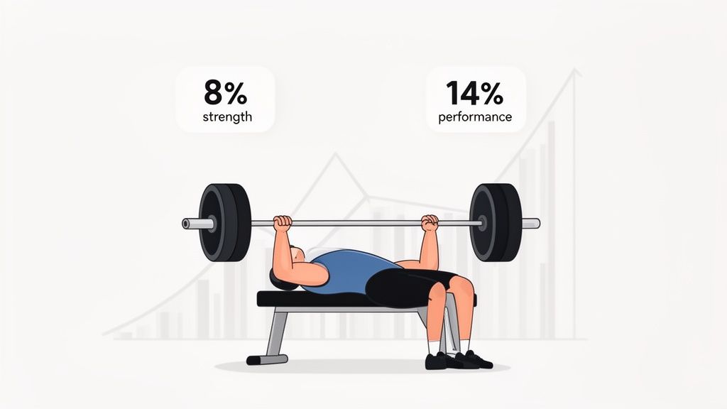 Illustration of a person doing a bench press, with text indicating 8% strength and 14% performance gains.