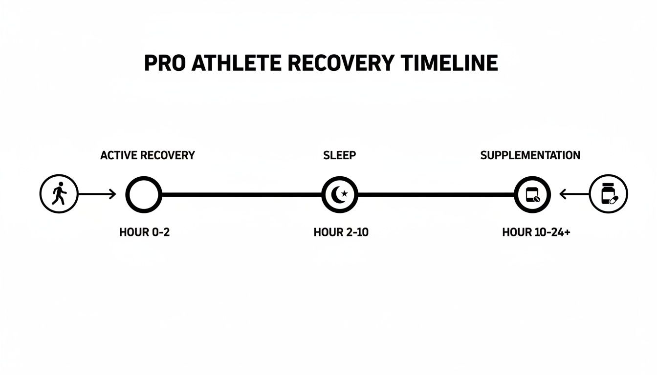 A timeline illustrating the pro athlete recovery process, including active recovery, sleep, and supplementation.