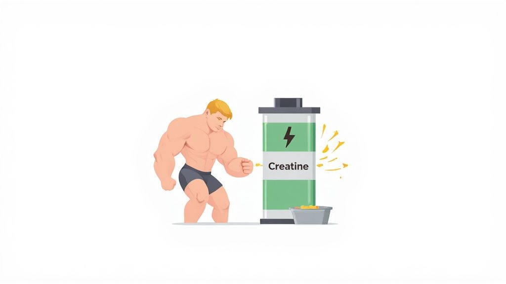 A scoop of white creatine powder next to a black supplement container on a dark background.