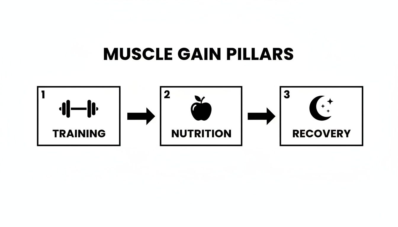 Flowchart illustrating the three muscle gain pillars: training, nutrition, and recovery.