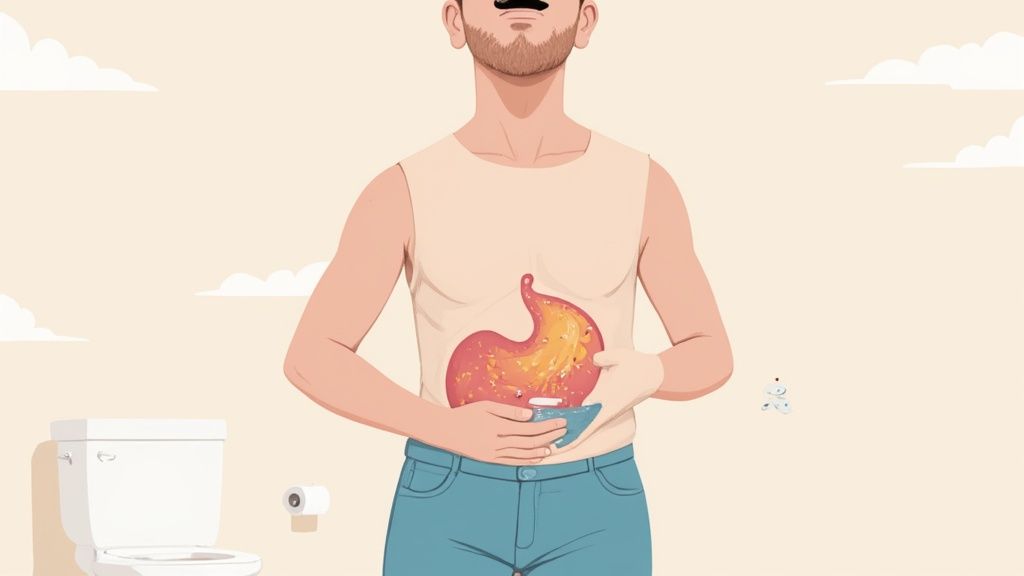 Illustration of a man with a fiery stomach, holding soothing liquid, suggesting heartburn, with a toilet nearby.
