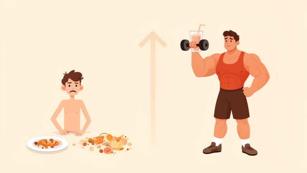 Illustration showing a skinny man transforming into a muscular man lifting a dumbbell with a smoothie.