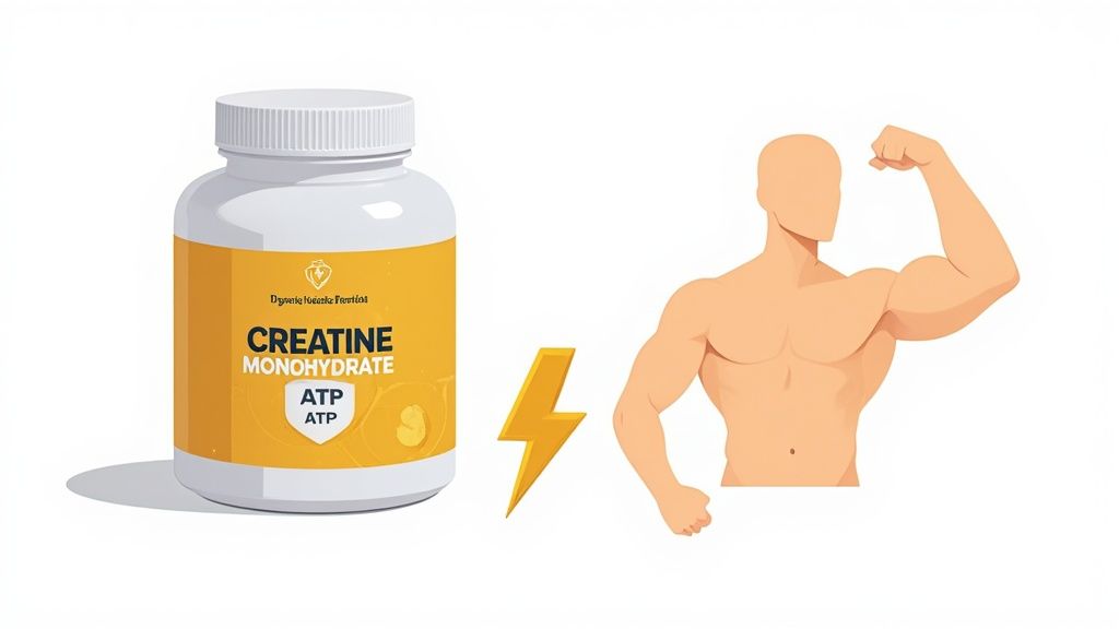 Creatine monohydrate supplement bottle, lightning bolt, and muscular man flexing, symbolizing strength and energy.