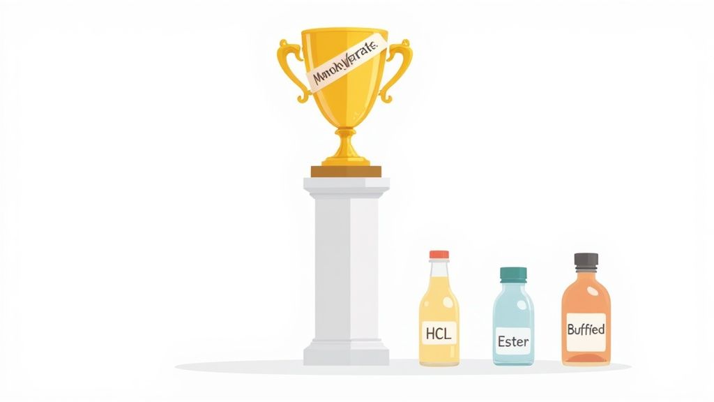 A golden trophy labeled "Monohydrate" stands on a pedestal, with three bottles (HCL, Ester, Buffed) nearby.