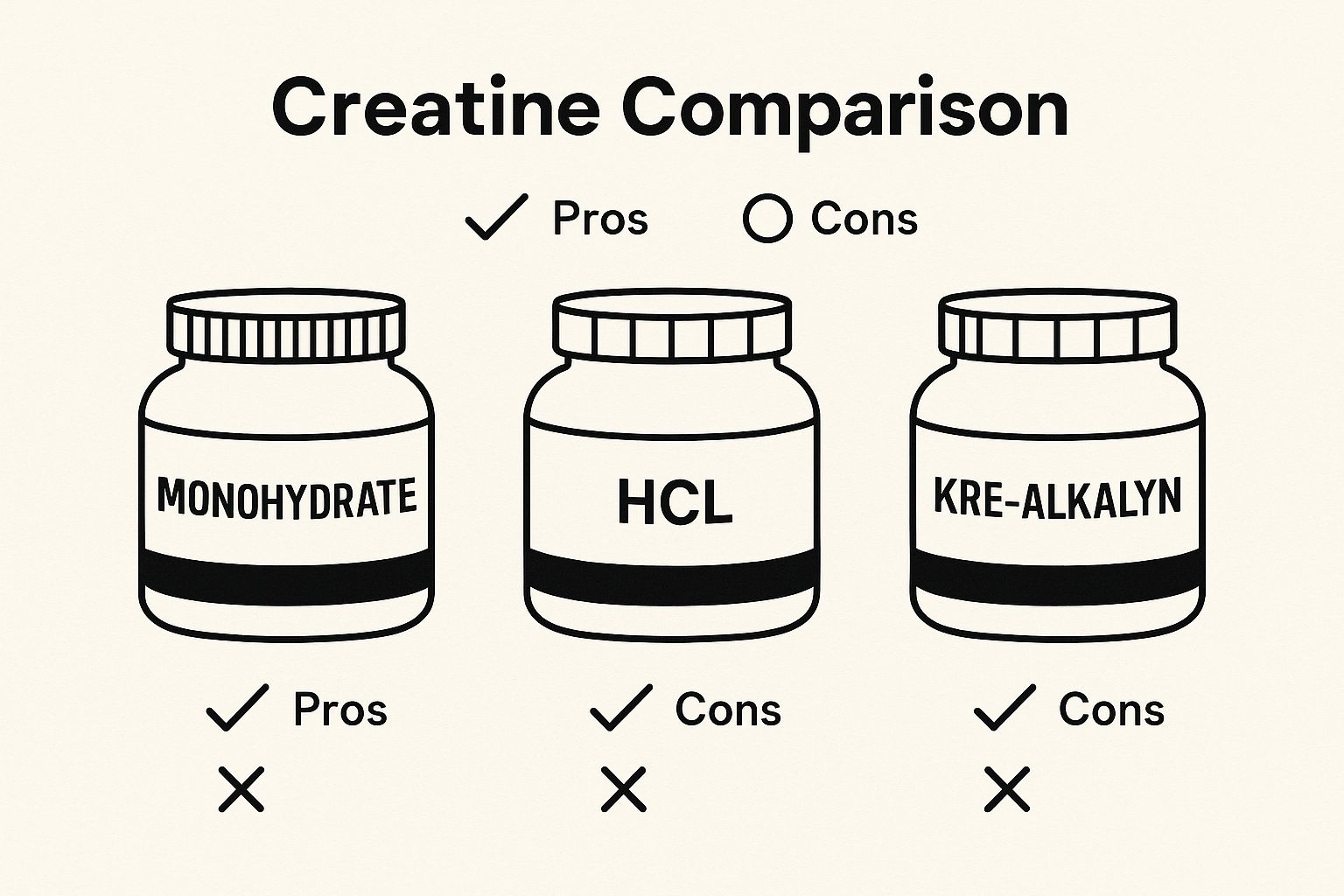 Infographic comparing Creatine Monohydrate, HCL, and Kre-Alkalyn on key benefits like effectiveness and cost.